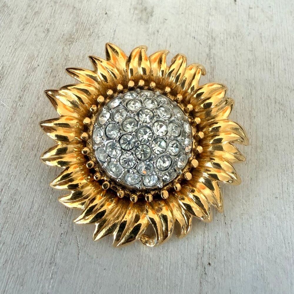 Joan Rivers Vintage Sunflower Rhinestone Brooch Gold Tone Signed
